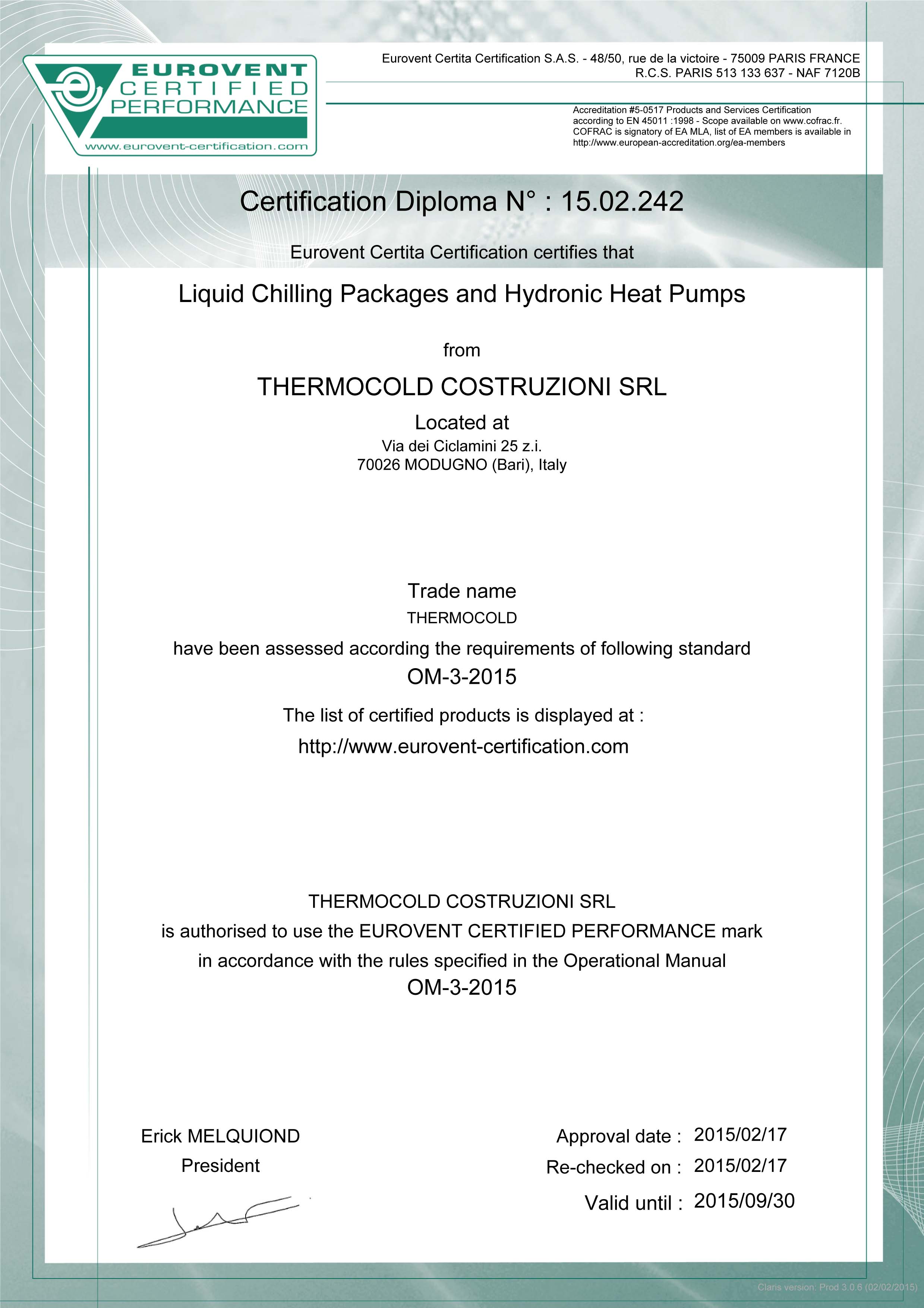 Чиллеры и тепловые насосы Thermocold сертифицированы Eurovent