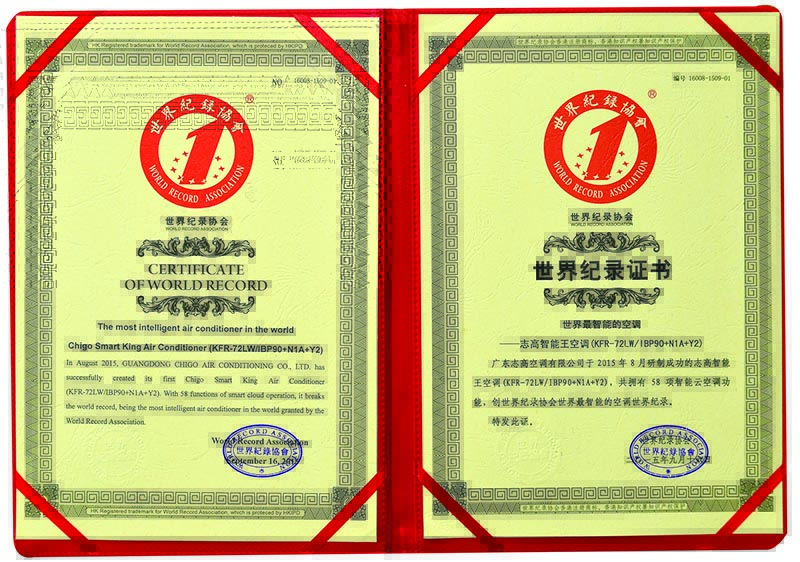 Chigo Air Conditioning обладатель сертификата WORLD RECORD ASSOCIATION
