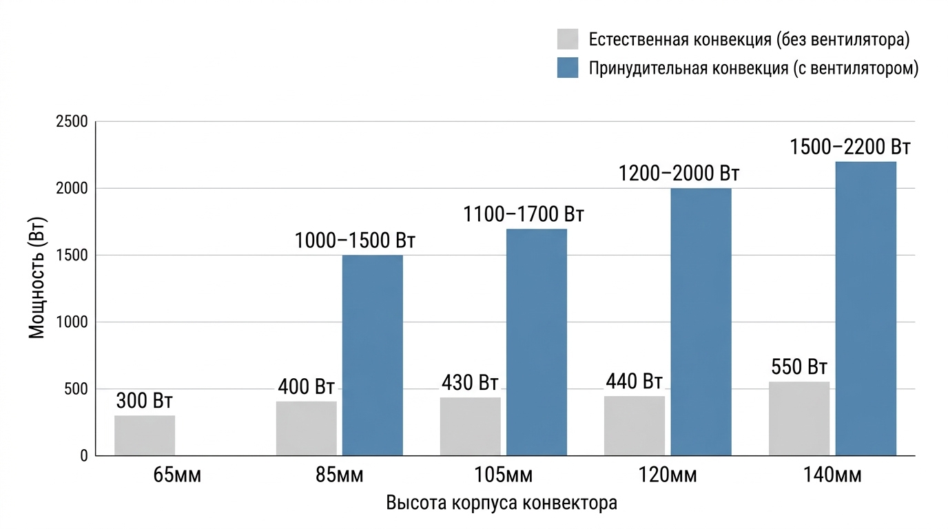 Теплоотдача встраиваемого конвектора в зависимости от высоты короба