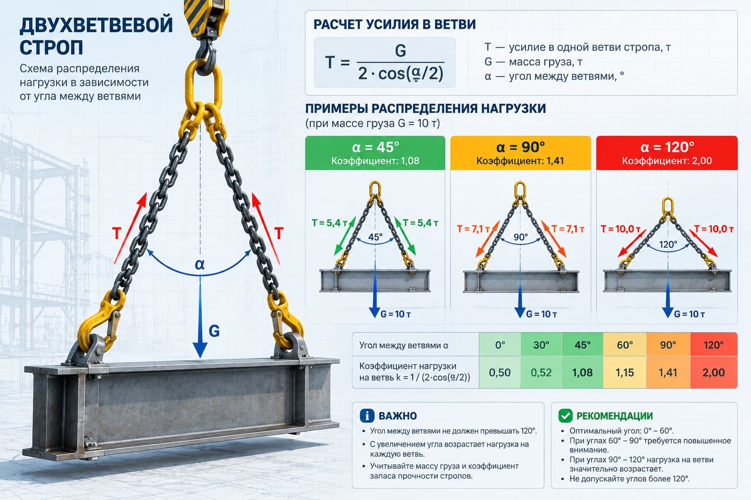 Схема распределения нагрузок на ветви стропа в зависимости от угла наклона.